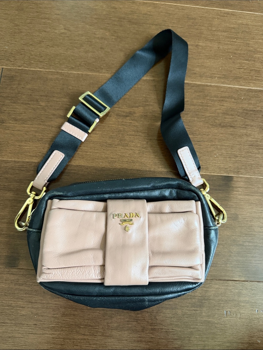 Black and Blush Leather Crossbody Pouch with Gold Hardware